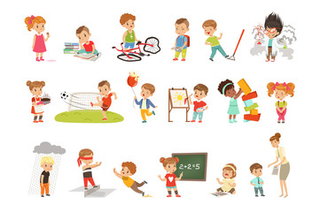 Childrens failures and mistakes set, frustrated kids experiencing their failures vector Illustrations on a white background