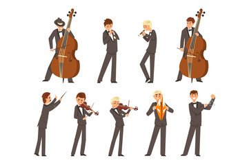 Musicians of symphonic orchestra and conductor, people playing various musical instruments vector Illustration on a white background © topvectors