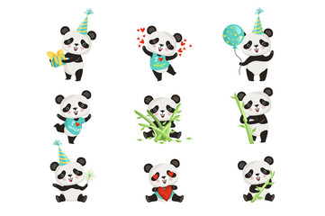 Flat vector set of funny little panda in various situations. Cartoon character of cute bamboo bear. Graphic design for children print, sticker or birthday postcard © topvectors