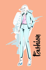 Hand drawn beautiful young woman. Stylish girl. Fashion woman sketch. Fashion model girl.