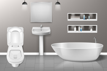 Bathroom furniture interior with modern bathroom sink, mirror, toilet on grey wall. Realistic bathroom interior design. vector illustration
