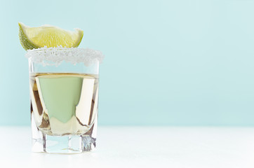 Fresh exquisite shot drink of gold tequila with salt rim and juicy piece green lime closeup in soft...