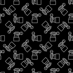 Hand with Handheld Mic outline vector seamless pattern with black background