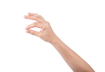 Female hand holding a virtual card with your fingers on a white background