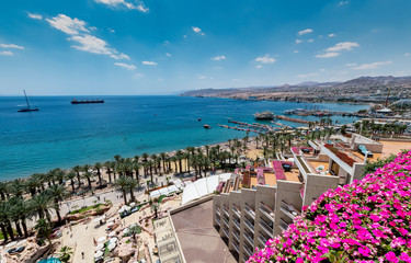 Panoramic view on the central beach of Eilat - famous tourist resort and recreational city in Israel