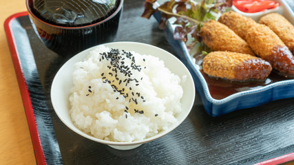 Rice, deep fried chicken tenderloin with Japanese curry, and soup.
