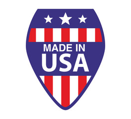 Fototapeta premium Made in USA sign.Shield checkmark color of American flag.Flat vector.Sticker icon emblem.
