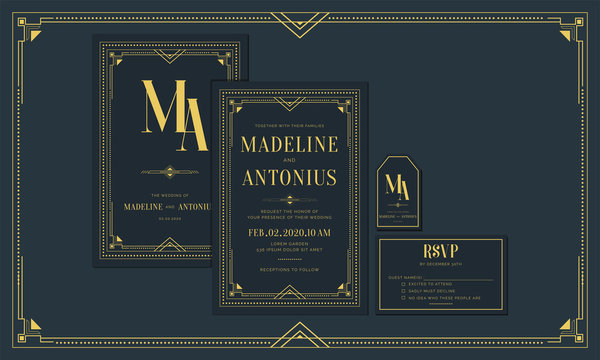 Classic Navy Premium Vintage Style Art Deco Engagement / Wedding Invitation with gold color with frame. Include Thank you Tags and RSVP. Vector Illustration - Vector - Vector