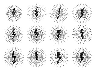 Vintage thunderbolt sign. Retro energy burst, lightning starburst and lightnings blitz flash hipster signs vector illustration set