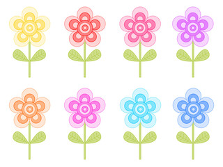 Set of colorful flowers, isolated vector elements on the white background, flat style, floral objects for greeting card, pattern, banner, packaging, print and other