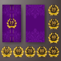 Set of anniversary card, invitation with laurel wreath, numbers. Decorative gold emblem of jubilee on purple background. Filigree element, frame, border, icon, logo for web, page design, vintage style