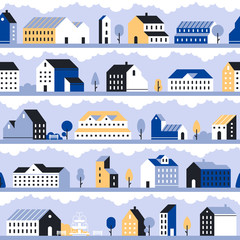 Obraz premium Minimal city pattern. Minimalistic town landscape, modern homes houses and geometric cityscape vector seamless background