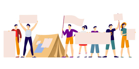 Protesters people. Protest strike, protesting group holding protests banners and protester activist vector illustration