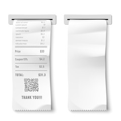 Realistic printed check. Transaction receipt, payment bill and financial checks isolated 3D vector illustration