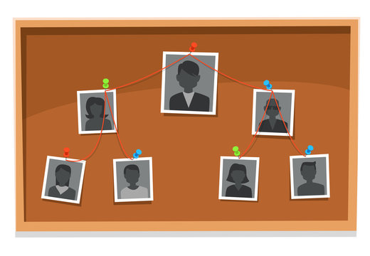 Team structure chart. Company members board, pinned working team photos and organization tree charts research vector illustration