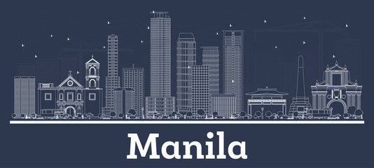 Outline Manila Philippines City Skyline with White Buildings.