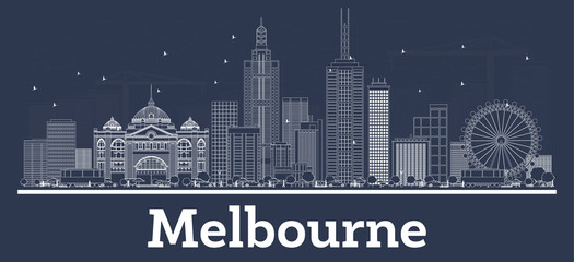 Naklejka premium Zarys panoramę miasta Melbourne Australia z białymi budynkami.