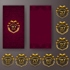 Set of anniversary card, invitation with laurel wreath, number. Decorative gold emblem of jubilee on maroon background. Filigree element, frame, border, icon, logo for web, page design, retro style