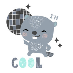 Beaver baby dance cute print. Sweet animal listen to music.