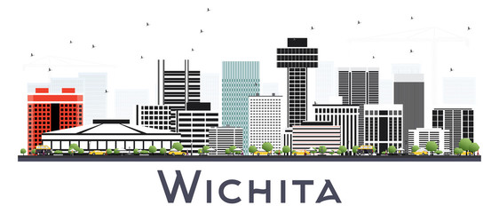 Wichita Kansas City Skyline with Gray Buildings Isolated on White.