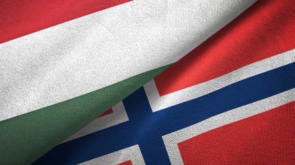 Hungary and Norway two flags textile cloth, fabric texture