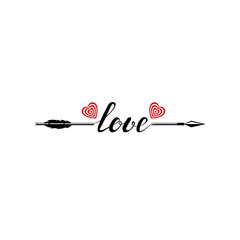 love word with black arrow. red hearts with aim. romantic slogan.  black and red vector illustration. text calligraphic element for greeting card, banner, invitation, postcard, vignette, flyer