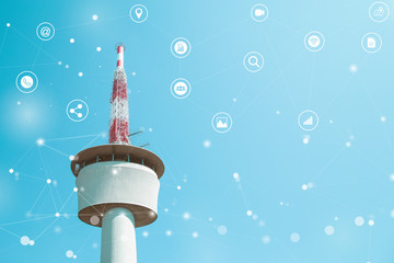 Communication Concept Cell Tower with Abstract Networks Icons