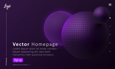 Purple web homepage template with icons and 3d balls pattern.