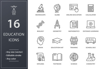 Fototapeta premium Education line icons set. Black vector illustration. Editable stroke.