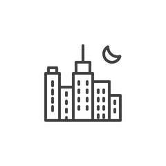 Night cityscape with moon line icon. linear style sign for mobile concept and web design. Skyscrapers, city buildings outline vector icon. Nightlife Symbol, logo illustration. Vector graphics