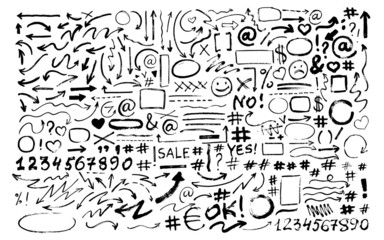 Set of hand drawn arrows, icons, hashtags. Social symbols.  © olechkaart