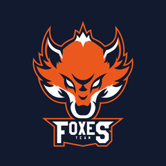 Modern professional logo for sport team. Fox mascot. Fox vector symbol on a redish background.