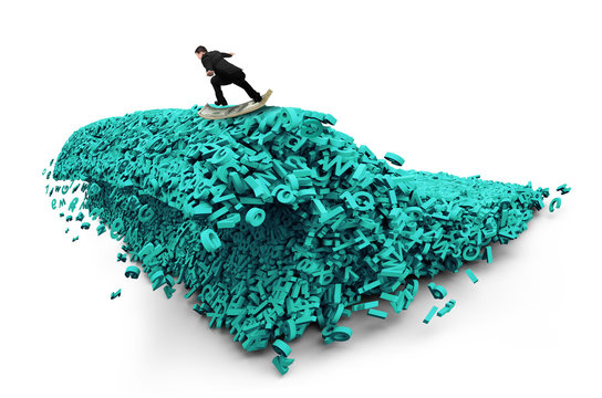 Big data driving concept. Surfing business man riding dollar bill surfboard on a tsunami wave of computer data, huge amount of numbers and letters, isolated on white background.