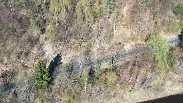 Aerial photo of the flight over the treetops to the landing site of the drone on a narrow forest path