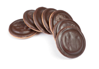 Group of round delicious glazed chocolate chip cookies