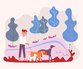 Dog sitter enjoying with dogs 