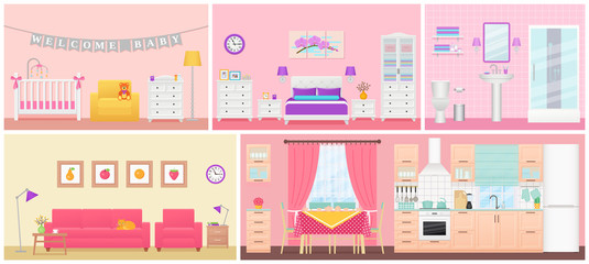 Room interiors. Vector. Living room, bedroom, bathroom, nursery, kitchen, dining room in flat design. Home inside. Cartoon apartment. House, hotel equipment, furniture. Set illustration.