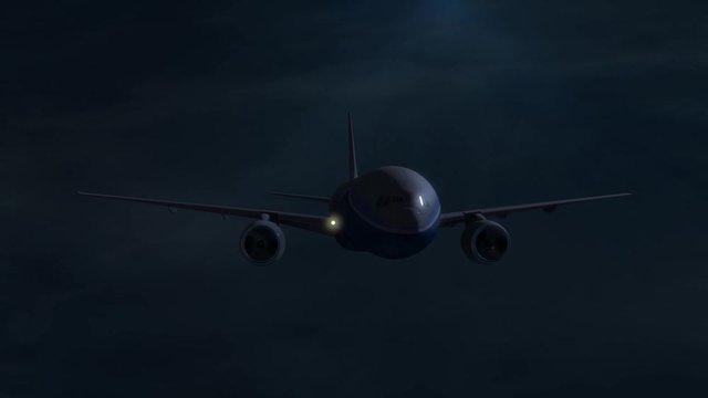 Camera pans around a logo free airplane flying during a night sky.  HD version.
