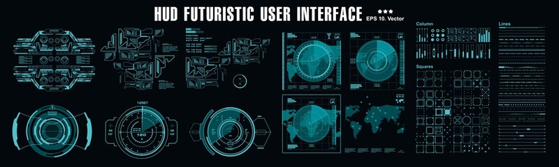 HUD elements mega set pack. Dashboard display virtual reality technology screen. Futuristic user interface.