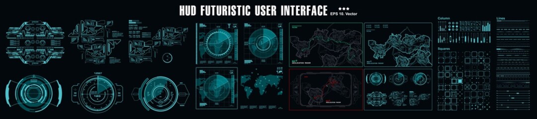 HUD elements mega set pack. Dashboard display virtual reality technology screen. Futuristic user interface.