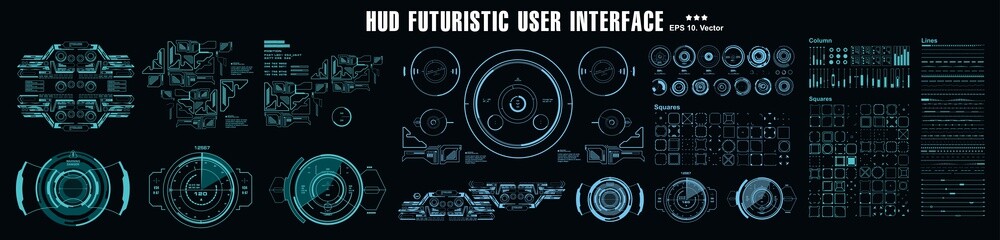 HUD elements mega set pack. Dashboard display virtual reality technology screen. Futuristic user interface.