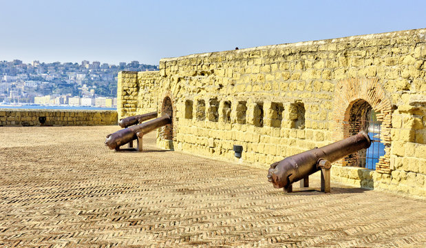 Cannons at Castel dell'Ovo Egg Castle , a medieval fortress in the bay of Naples, Italy.