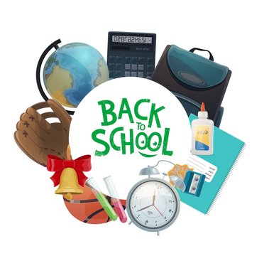 Student supplies, notebook, globe. Back to School