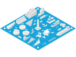 Sea port isometric infographics with industrial, fishing, cruise ships and other elements of the seaport. - 263631767