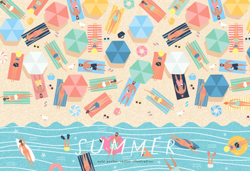 Summer background. Vector illustration of sunbathing people on the beach and swimming in the sea. Drawing by hand the summer holiday season, rest, relaxation and summer. © Ardea-studio