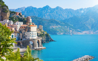 Small city Atrani on Amalfi Coast in province of Salerno, in Campania region of Italy