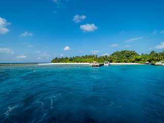 Maldives island, Kuramathi, lagoon, with Jetty, Rasdhoo Atoll, Maldives, Mar 2018