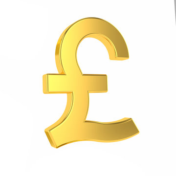 GBP sign. 3d golden british pound symbol isolated on white background. 3d rendering