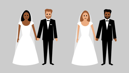 Interracial and multiracial marriage - bride and groom with black and white skin. Multicultural wedding. Love relationship and romance between diverse race. Vector illustration