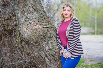 Travel concept, American or European appearance woman walks and enjoying life. Plus size model,...